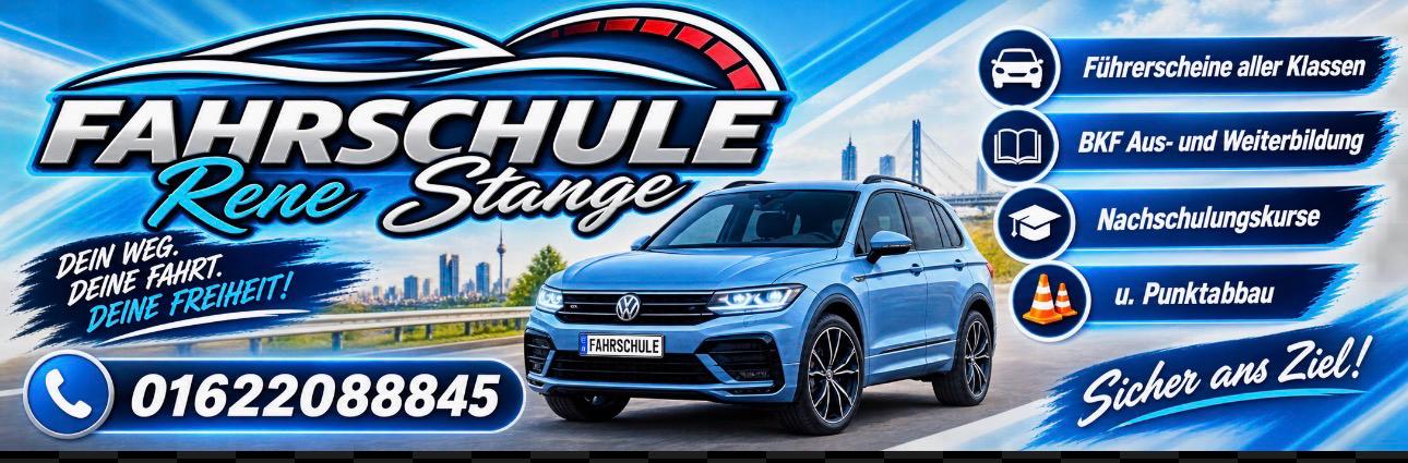 Werbebanner Fahrschule Rene Stange mit blauem VW SUV und Leistungsübersicht